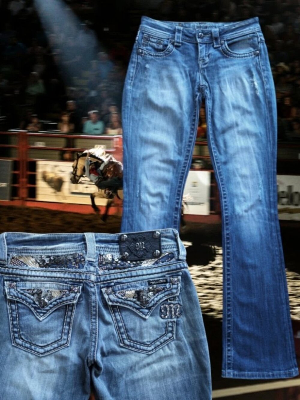 Miss Me Boot Cut Denim Jeans Womens 26 (28x34) Low Rise Flap Embellished Stretch